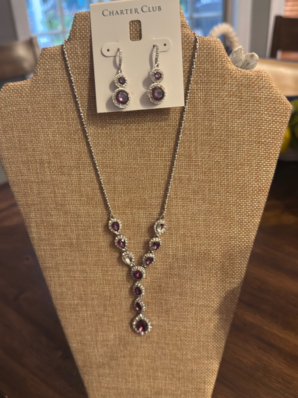 Charter Club Silver Necklace and Earrings Set with Purple and White Stones